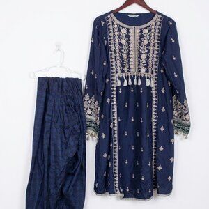 Maria.B. Navy Blue Embroidered Kurta & Shalwar Set - Large